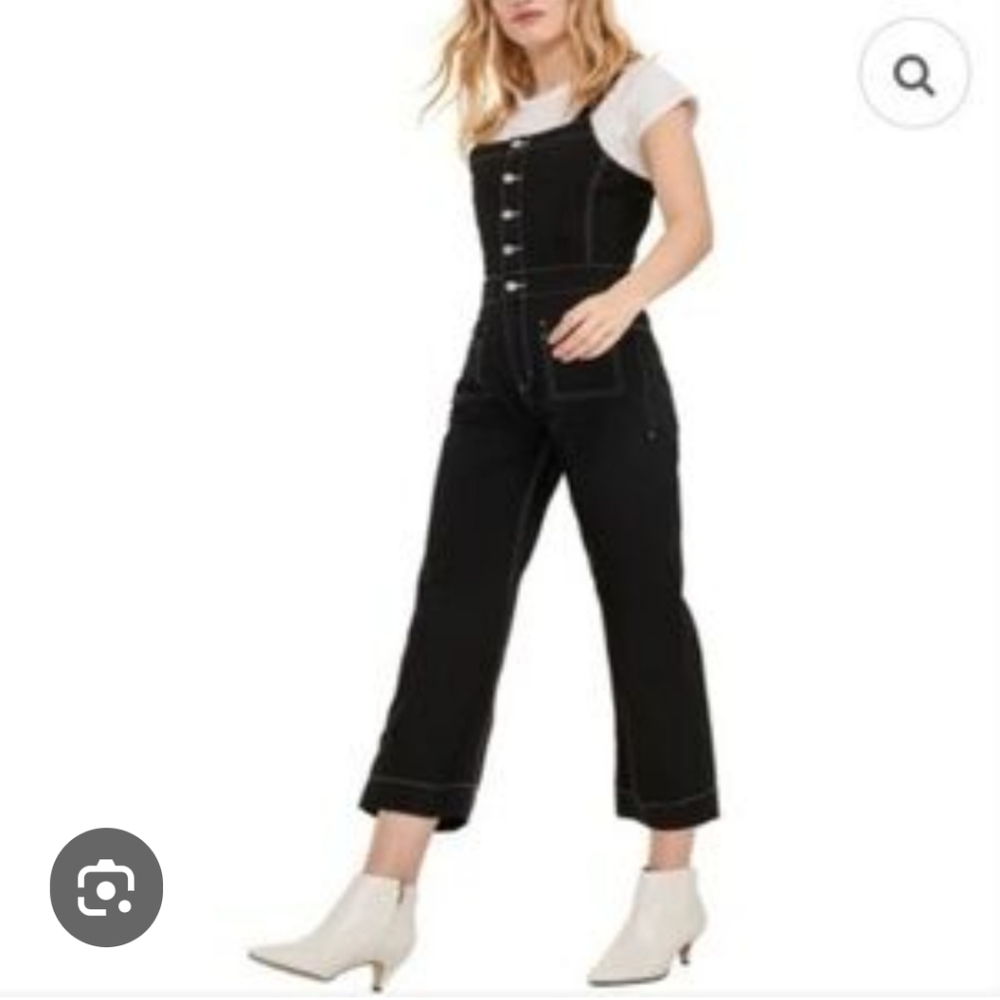 Blue Revival Overalls, Size M, Black Denim, Silver Logo Buttons, Wide CroppedLeg